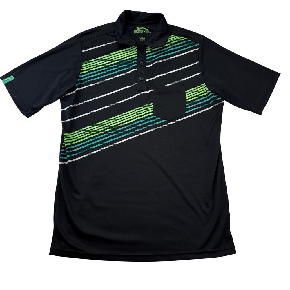 Slazenger Polo Shirt Mens L Black Green Teal Diagonal Graphic Performance Pocket
